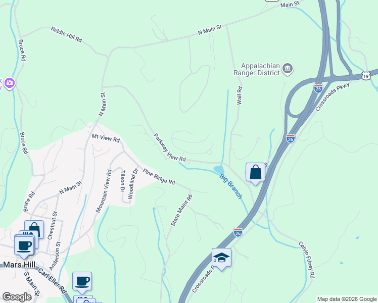 map of restaurants, bars, coffee shops, grocery stores, and more near 491 Parkway View Road in Mars Hill