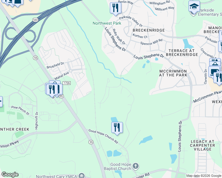 map of restaurants, bars, coffee shops, grocery stores, and more near 4257 Lofty Ridge Place in Morrisville