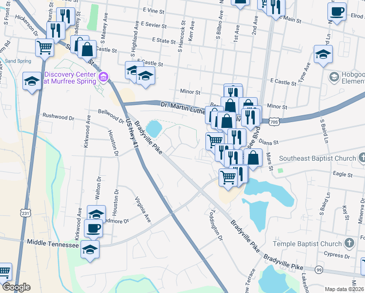 map of restaurants, bars, coffee shops, grocery stores, and more near 805 Bradyville Pike in Murfreesboro