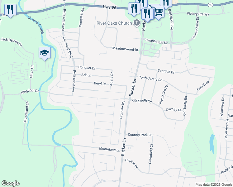 map of restaurants, bars, coffee shops, grocery stores, and more near 4715 Beryl Drive in Murfreesboro