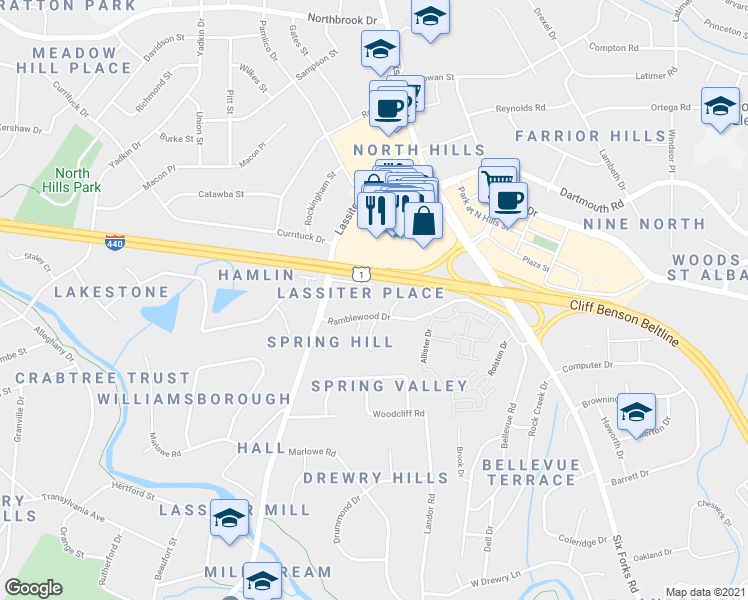 map of restaurants, bars, coffee shops, grocery stores, and more near 400 Ramblewood Drive in Raleigh