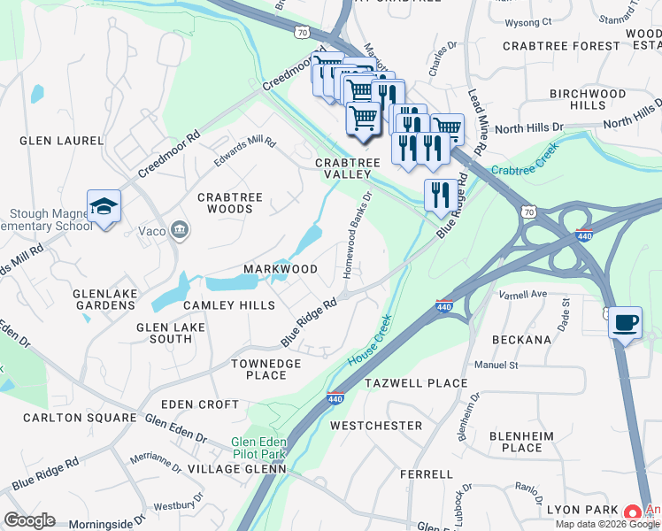 map of restaurants, bars, coffee shops, grocery stores, and more near 5500 Home Valley Drive in Raleigh