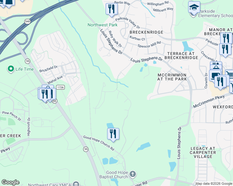 map of restaurants, bars, coffee shops, grocery stores, and more near 517 Pilot Hill Drive in Morrisville