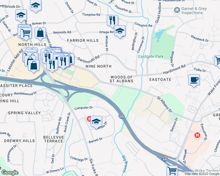 map of restaurants, bars, coffee shops, grocery stores, and more near 401 Saint Albans Drive in Raleigh