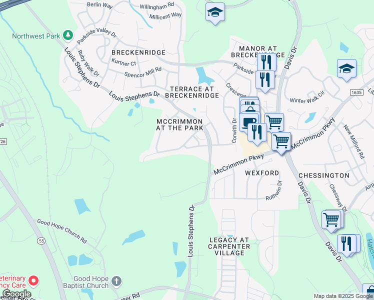 map of restaurants, bars, coffee shops, grocery stores, and more near 2014 Addenbrock Drive in Morrisville