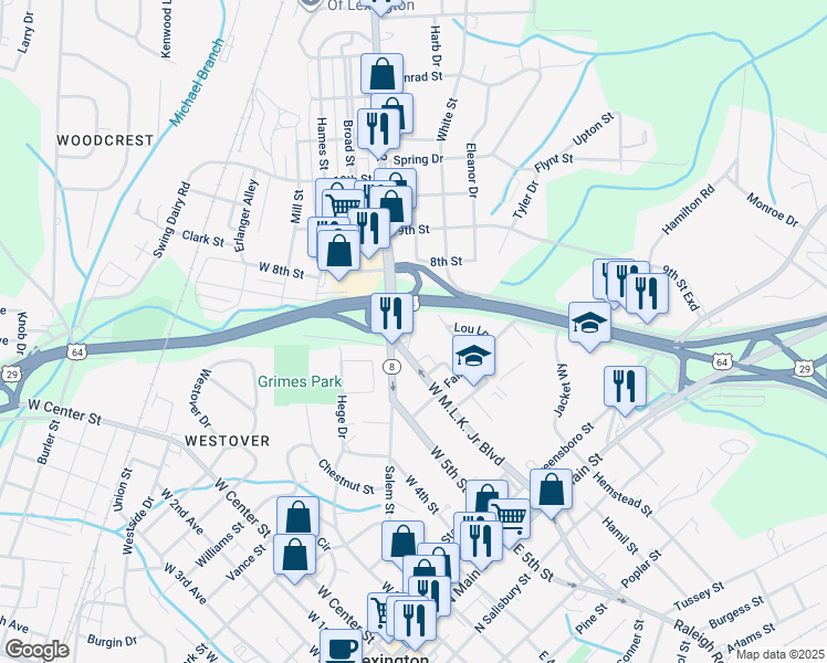 map of restaurants, bars, coffee shops, grocery stores, and more near 335 Temple Street in Lexington