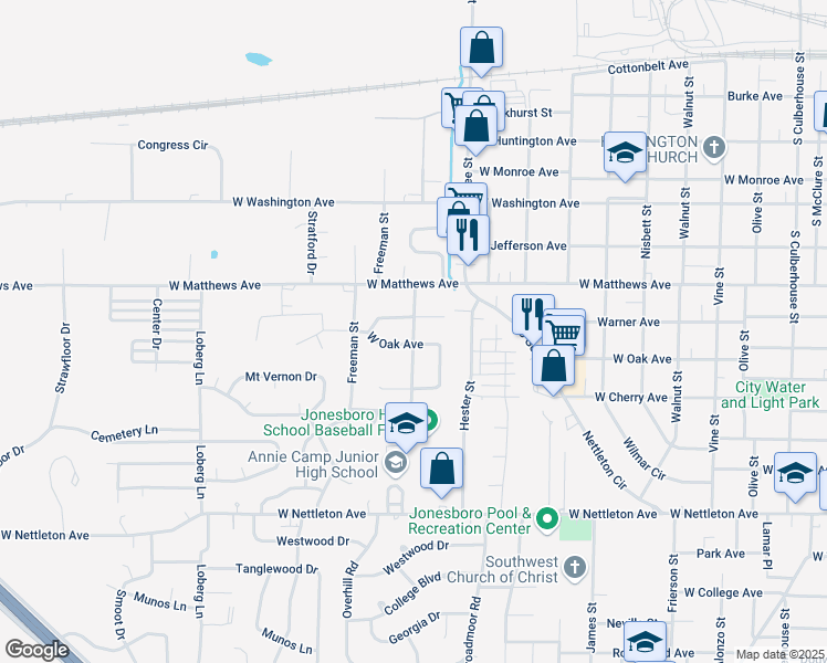 map of restaurants, bars, coffee shops, grocery stores, and more near 900 Ferrell Street in Jonesboro