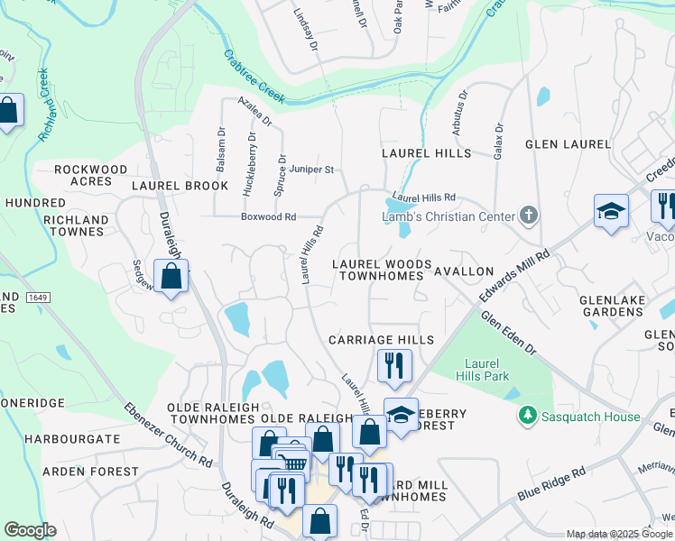 map of restaurants, bars, coffee shops, grocery stores, and more near 4008 Laurel Hills Road in Raleigh