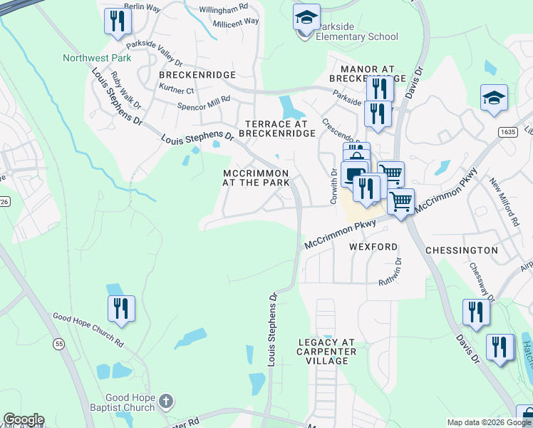 map of restaurants, bars, coffee shops, grocery stores, and more near 2014 Addenbrock Drive in Morrisville