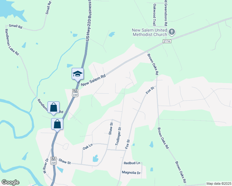map of restaurants, bars, coffee shops, grocery stores, and more near Pinnacle Drive in Randleman