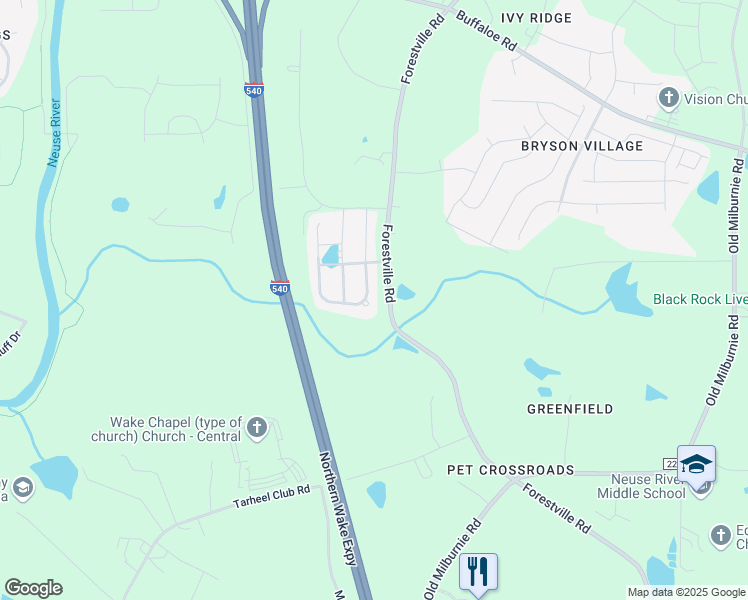 map of restaurants, bars, coffee shops, grocery stores, and more near 5520 Bashor Drive in Raleigh