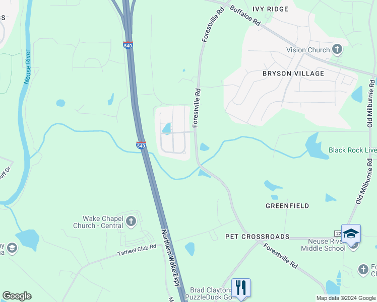 map of restaurants, bars, coffee shops, grocery stores, and more near 5520 Bashor Drive in Raleigh