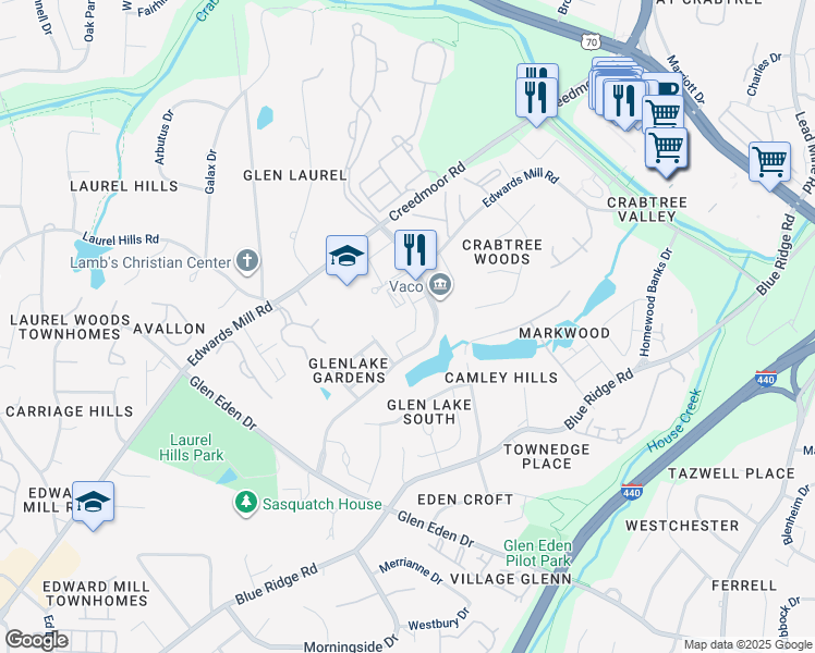 map of restaurants, bars, coffee shops, grocery stores, and more near 4131 Parklake Avenue in Raleigh