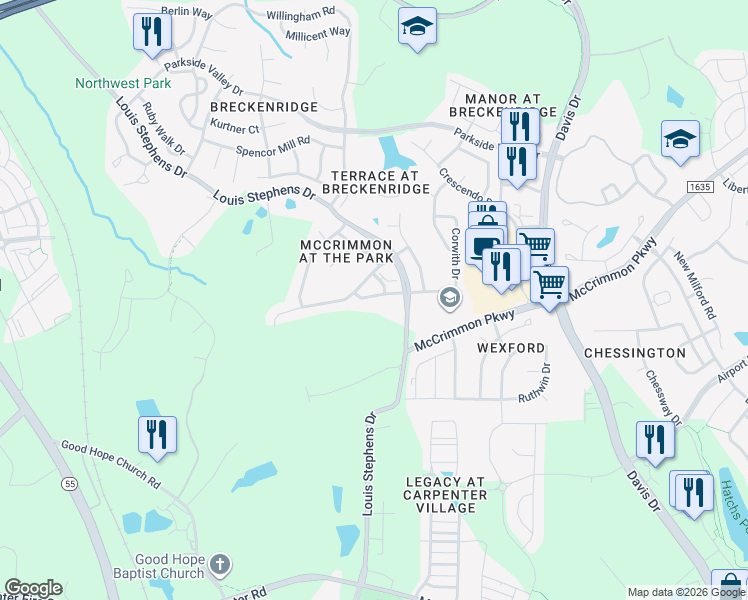 map of restaurants, bars, coffee shops, grocery stores, and more near 513 Perrault Drive in Morrisville