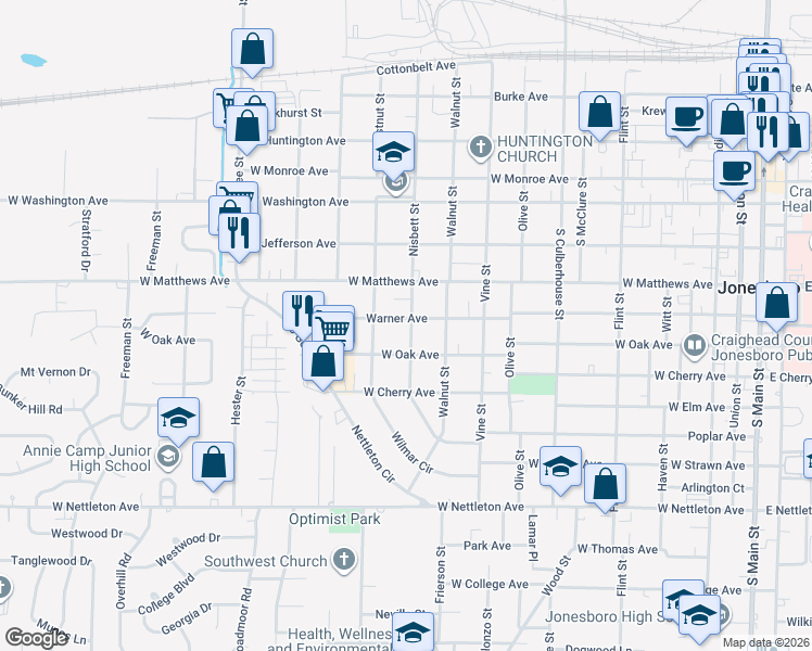 map of restaurants, bars, coffee shops, grocery stores, and more near 1018 Warner Avenue in Jonesboro