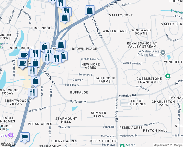 map of restaurants, bars, coffee shops, grocery stores, and more near 3814 Lee Road in Raleigh