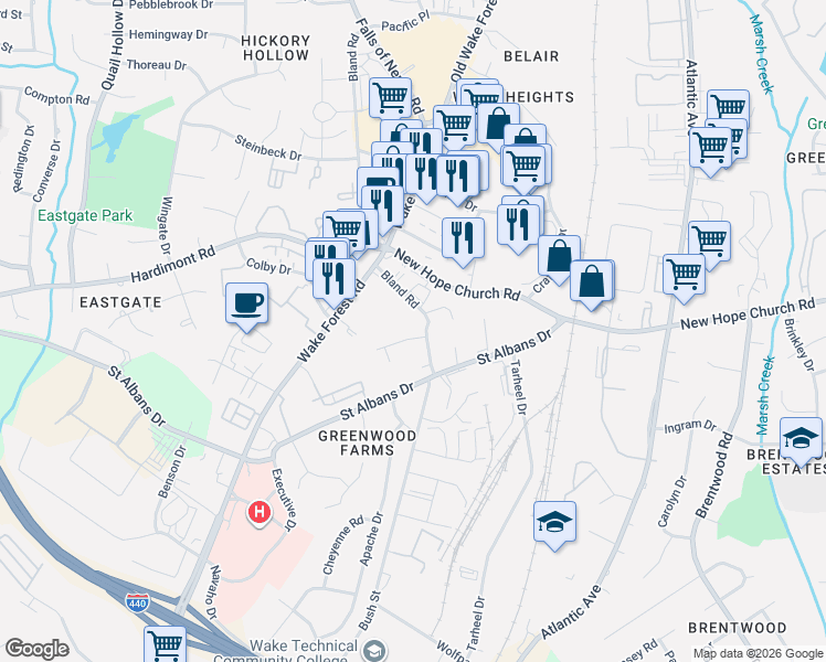 map of restaurants, bars, coffee shops, grocery stores, and more near 3805 Bland Road in Raleigh