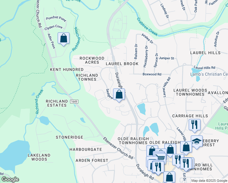 map of restaurants, bars, coffee shops, grocery stores, and more near 4012 Grand Manor Court in Raleigh