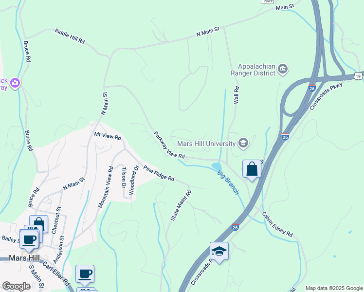 map of restaurants, bars, coffee shops, grocery stores, and more near 491 Parkway View Road in Mars Hill