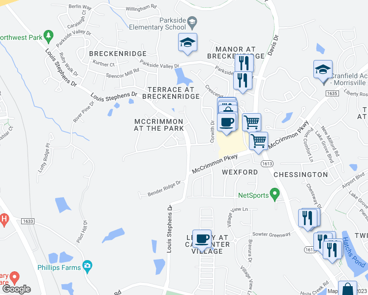 map of restaurants, bars, coffee shops, grocery stores, and more near 405 Perrault Drive in Morrisville