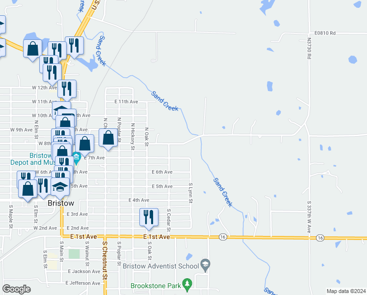 map of restaurants, bars, coffee shops, grocery stores, and more near 724 East 8th Avenue in Bristow