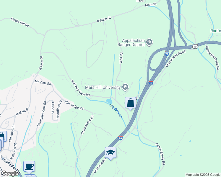 map of restaurants, bars, coffee shops, grocery stores, and more near 751 Parkway View Road in Mars Hill