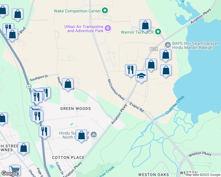 map of restaurants, bars, coffee shops, grocery stores, and more near 4555 McCrimmon Parkway in Morrisville