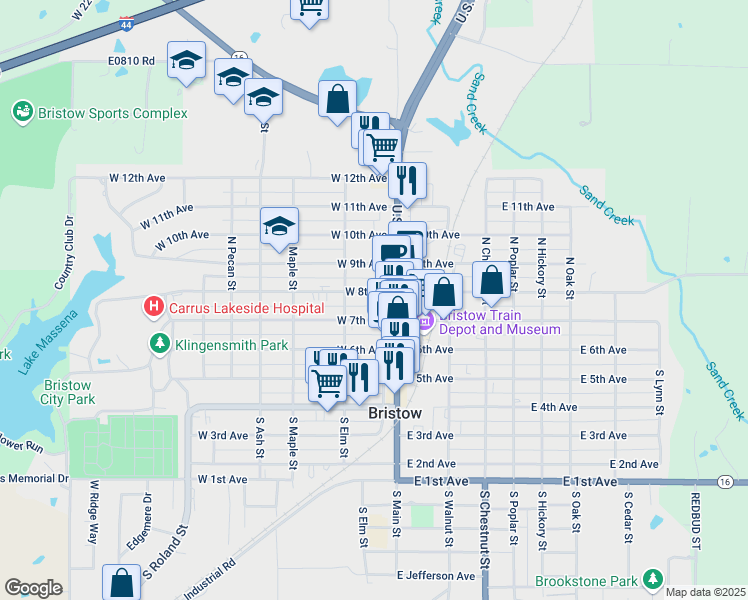 map of restaurants, bars, coffee shops, grocery stores, and more near 306 North Main Street in Bristow