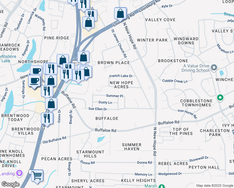 map of restaurants, bars, coffee shops, grocery stores, and more near 3749 Summer Place in Raleigh