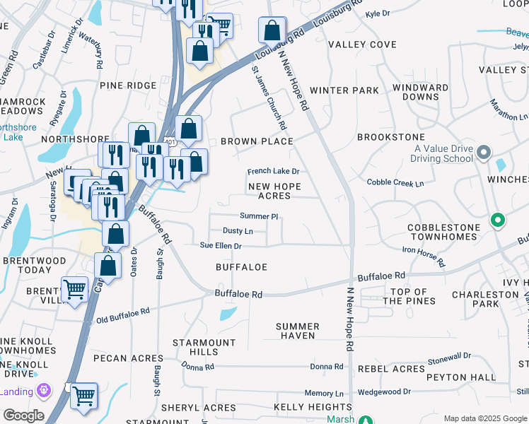 map of restaurants, bars, coffee shops, grocery stores, and more near 3749 Summer Place in Raleigh