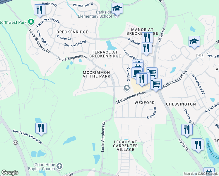 map of restaurants, bars, coffee shops, grocery stores, and more near 412 Perrault Drive in Morrisville
