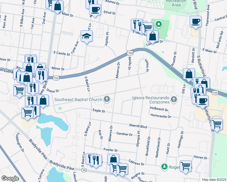 map of restaurants, bars, coffee shops, grocery stores, and more near 1617 Atlas Street in Murfreesboro