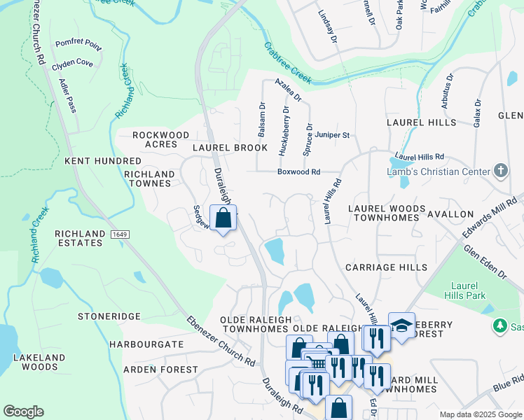 map of restaurants, bars, coffee shops, grocery stores, and more near 4105 Henry J Menninger Wynd in Raleigh