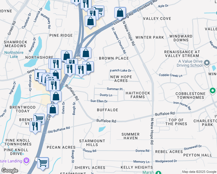map of restaurants, bars, coffee shops, grocery stores, and more near 3729 Summer Place in Raleigh