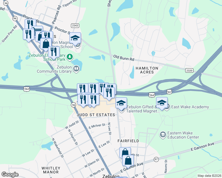 map of restaurants, bars, coffee shops, grocery stores, and more near 1113 Shepard School Road in Zebulon