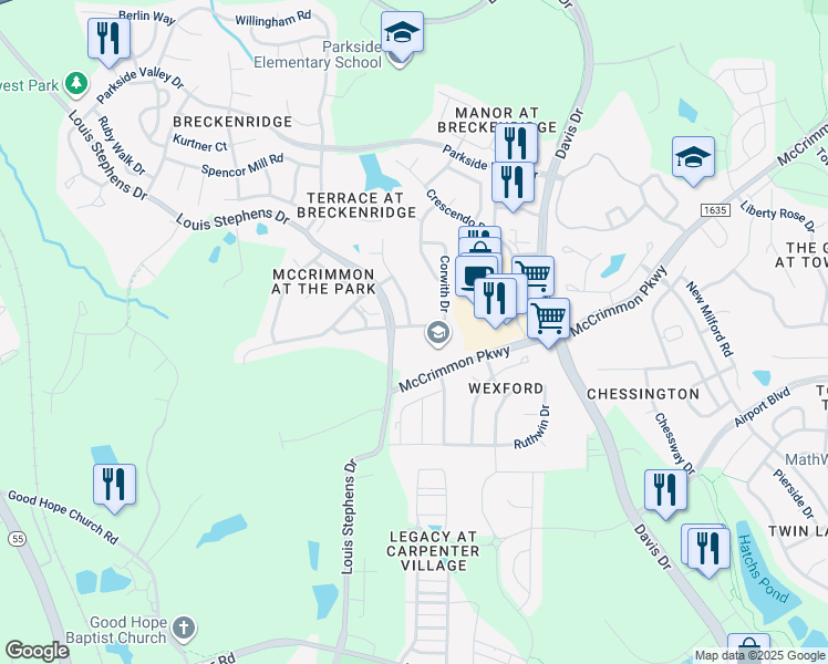 map of restaurants, bars, coffee shops, grocery stores, and more near 2013 Corwith Drive in Morrisville