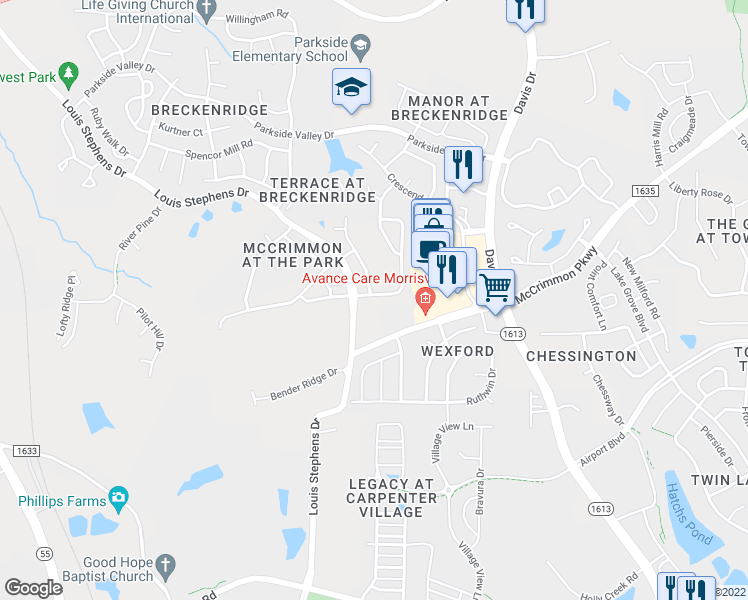 map of restaurants, bars, coffee shops, grocery stores, and more near 2013 Corwith Drive in Morrisville