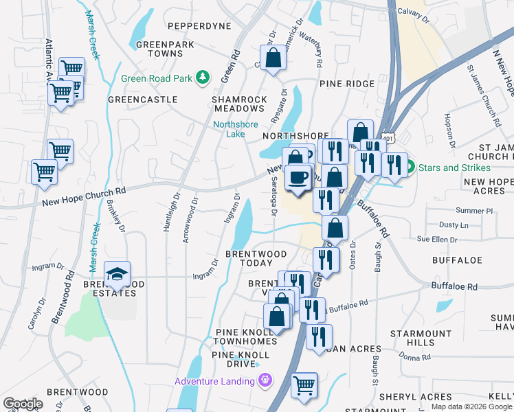 map of restaurants, bars, coffee shops, grocery stores, and more near 3908 Beaumont Court in Raleigh