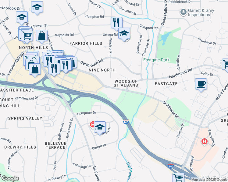 map of restaurants, bars, coffee shops, grocery stores, and more near 401 Saint Albans Drive in Raleigh
