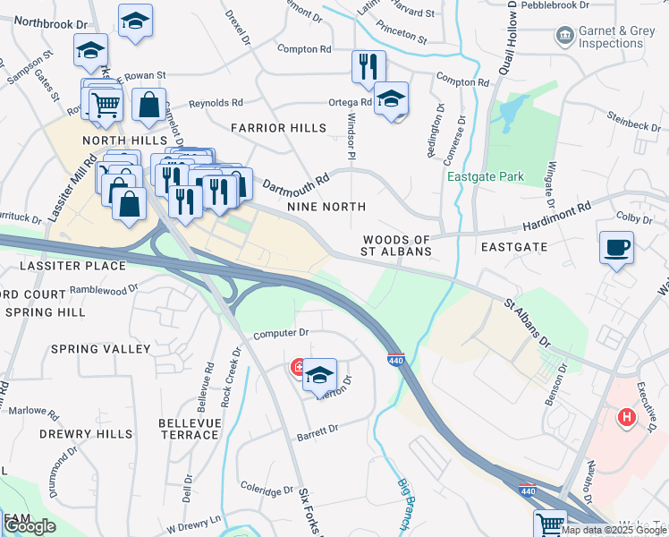 map of restaurants, bars, coffee shops, grocery stores, and more near 401 Saint Albans Drive in Raleigh