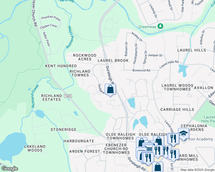 map of restaurants, bars, coffee shops, grocery stores, and more near 4012 Grand Manor Court in Raleigh