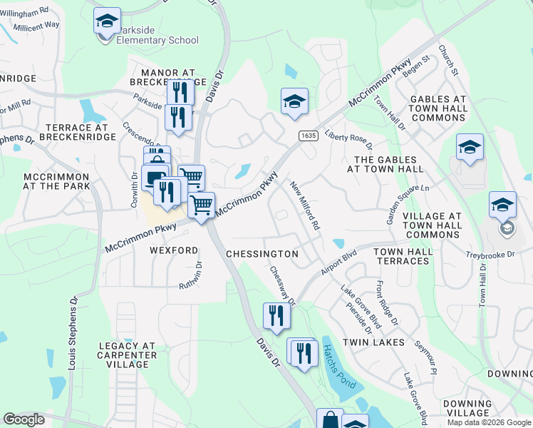 map of restaurants, bars, coffee shops, grocery stores, and more near 144 Point Comfort Lane in Cary