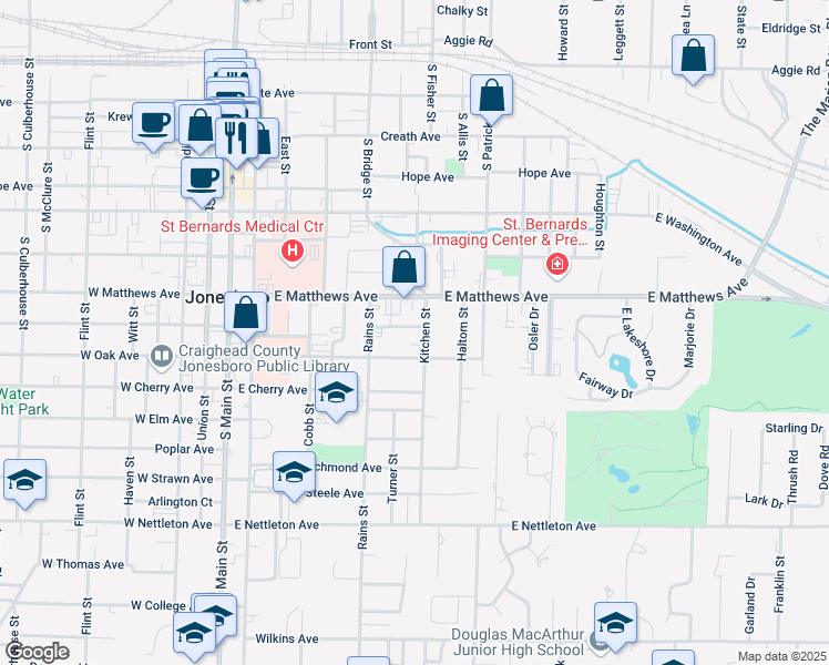 map of restaurants, bars, coffee shops, grocery stores, and more near 926-950 Kitchen Street in Jonesboro
