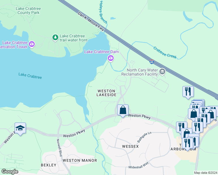 map of restaurants, bars, coffee shops, grocery stores, and more near 1127 Umstead Hollow Place in Cary