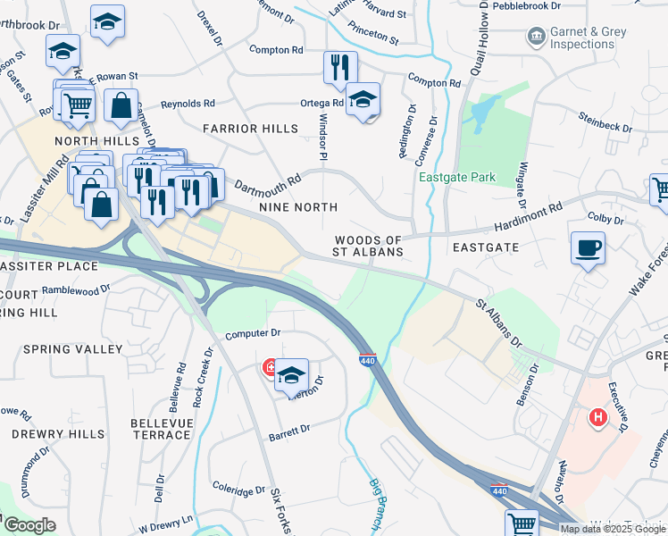 map of restaurants, bars, coffee shops, grocery stores, and more near 540 Saint Albans Drive in Raleigh