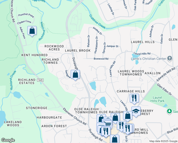 map of restaurants, bars, coffee shops, grocery stores, and more near 4105 Henry J Menninger Wynd in Raleigh