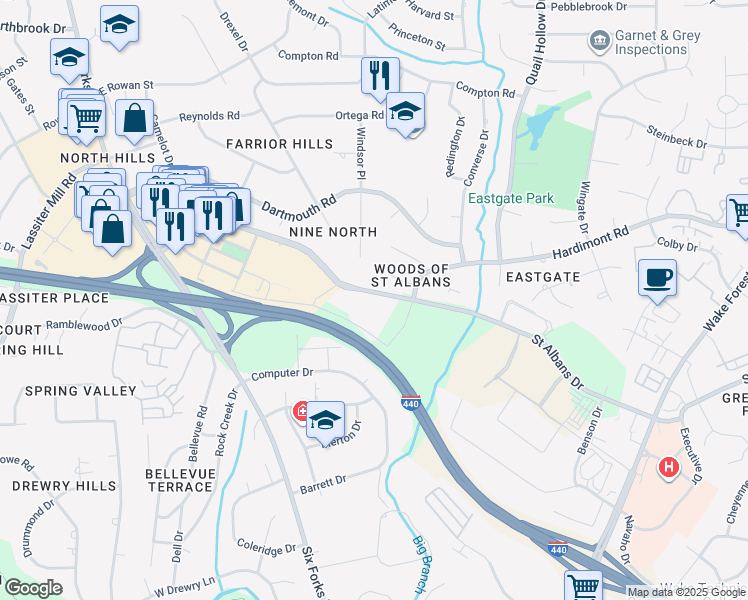 map of restaurants, bars, coffee shops, grocery stores, and more near 540 Saint Albans Drive in Raleigh