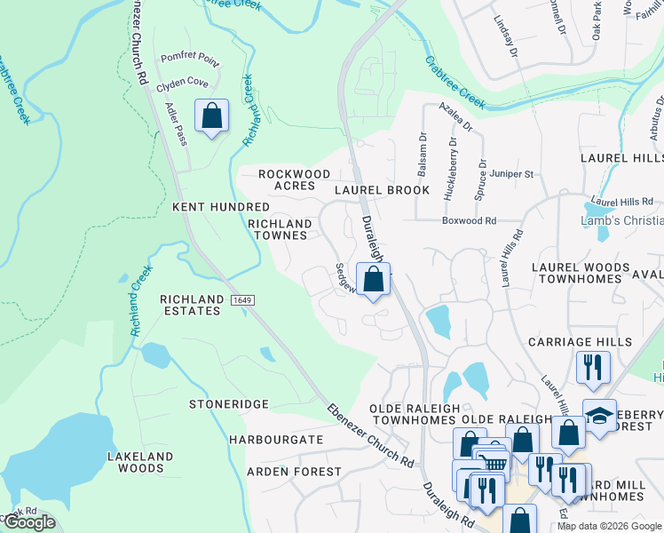 map of restaurants, bars, coffee shops, grocery stores, and more near 3917 Knickerbocker Parkway in Raleigh