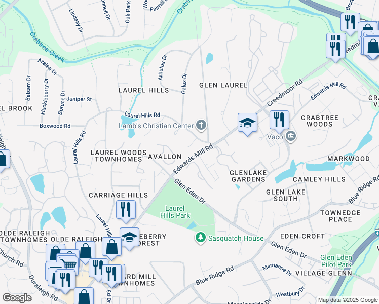 map of restaurants, bars, coffee shops, grocery stores, and more near 4017 Edwards Mill Road in Raleigh