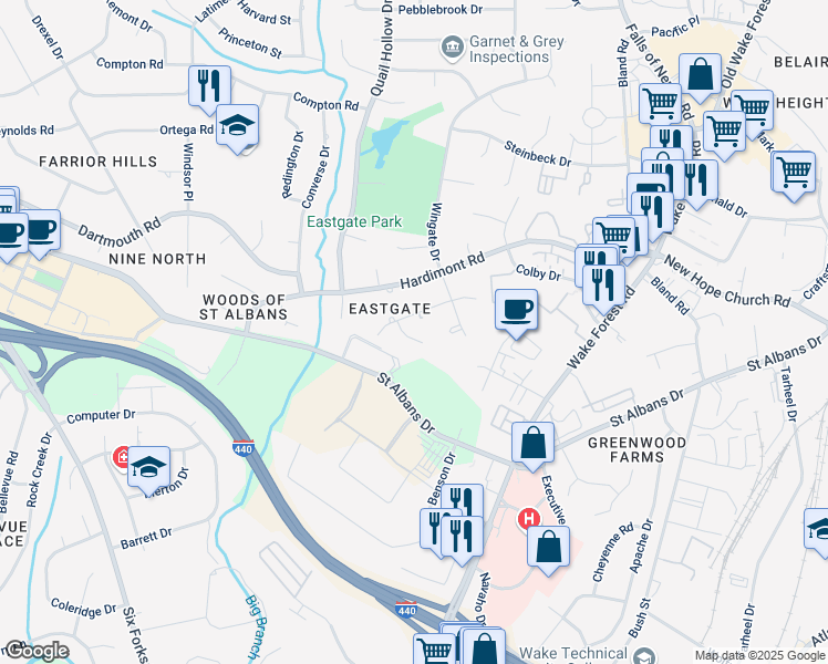 map of restaurants, bars, coffee shops, grocery stores, and more near 1000 Winona Road in Raleigh